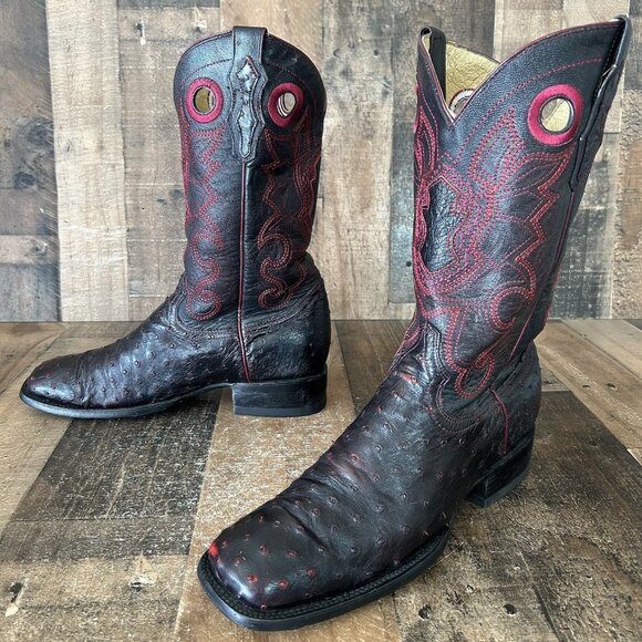 El General Full Quill Ostrich Square Toe Black Cherry Cowboy Boots Mens 10